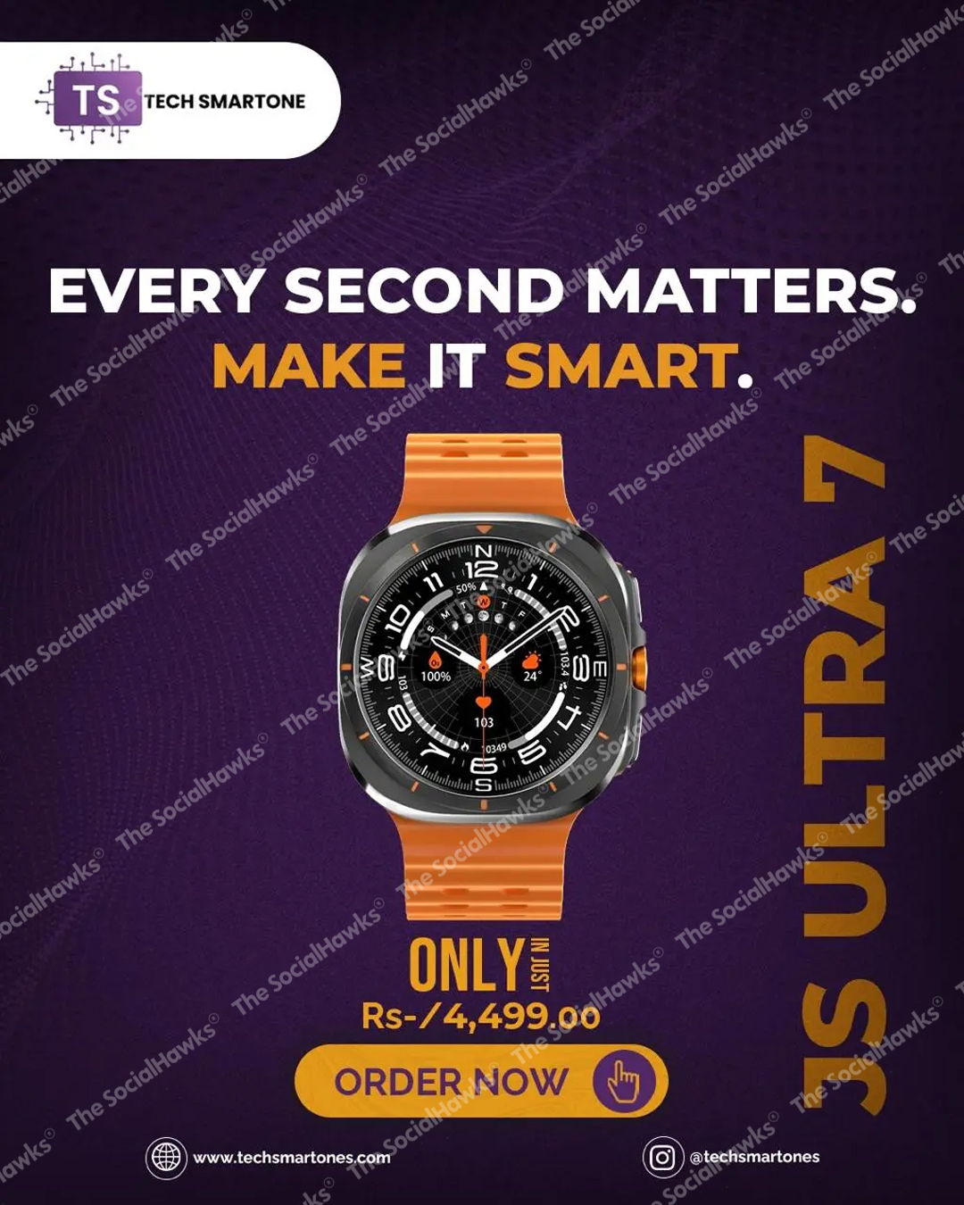 Tech SmartOne orange Ultra 7 smartwatch ad on purple background at Rs 4499